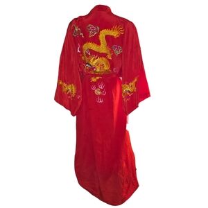Vintage Silk Dragon Embroidered Robe Kimono Red 60s 70s OSFM